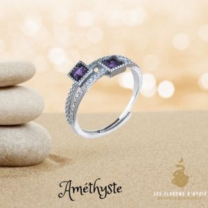 Bague en cuivre blanc ajustable carrée facetté amethyste aa