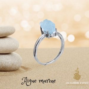 Bague en cuivre blanc ajustable pierre brute aigue marine aa