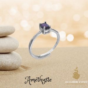 Bague solitaire en cuivre blanc ajustable amethyste aa