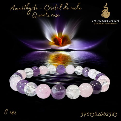 Bracelet b 08mm améthyste & cristal de roche & quartz rose a