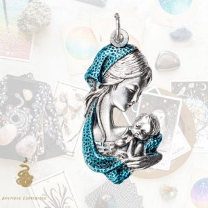 Pendentif de cou de la vierge à l´enfant en métal couleur argentée émaillé bleu h. 3 cm