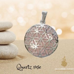 Pendentif rond quart rose fleur de vie métal