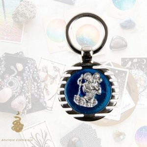 Porte-clés de saint christophe ø 4 cm en métal émaillé bleu