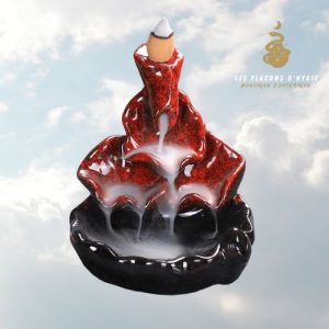 Porte encens céramique cascade feuilles de lotus rouge 10cm backflow