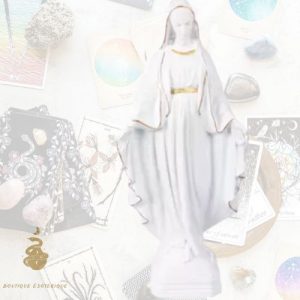 Statue blanche en albâtre de la vierge miraculeuse avec filet couleur dorée hauteur 29 cm