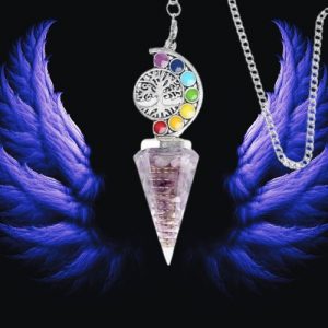 Pendule orgonite amethyste arbre de vie 7 chakras 6 faces