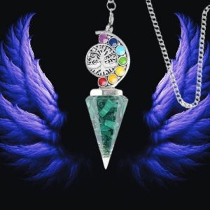 Pendule orgonite malachite arbre de vie 7 chakras 6 faces