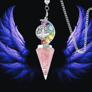 Pendule orgonite quartz rose arbre de vie 7 chakras 6 faces