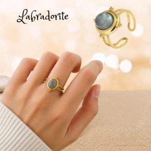 Bague en Acier Inoxydable Dorée Labradorite Ovale