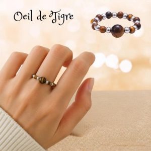 Bague Perles Argentées Oeil de Tigre
